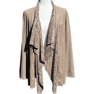 Coldwater Creek 1X Taupe Laser Cut Faux Suede Waterfall Cardigan Sweater Jacket